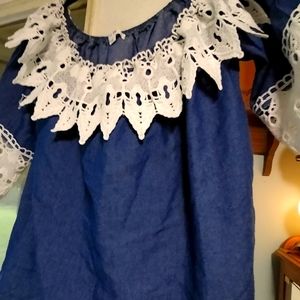 Pretty denim blouse with white lace